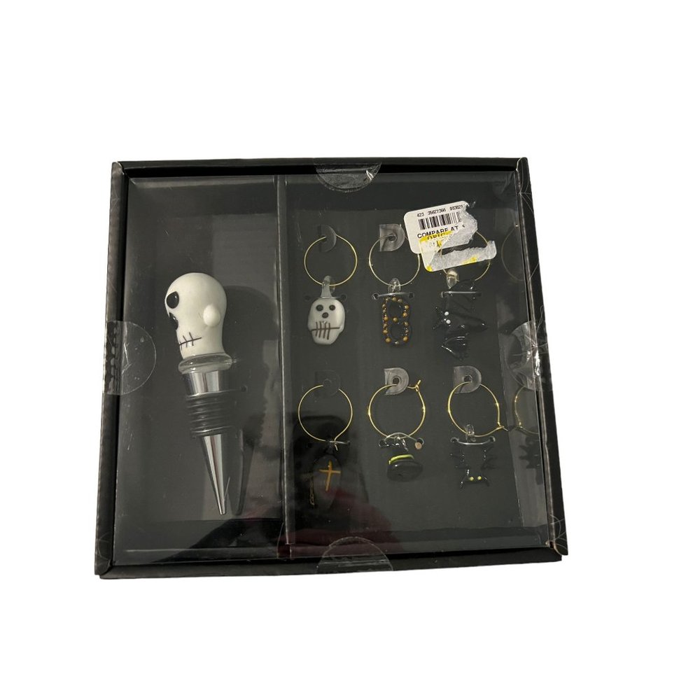 Halloween Wine Bottle Stopper & Charms Set Glass Ghost Bat Coffin NWT